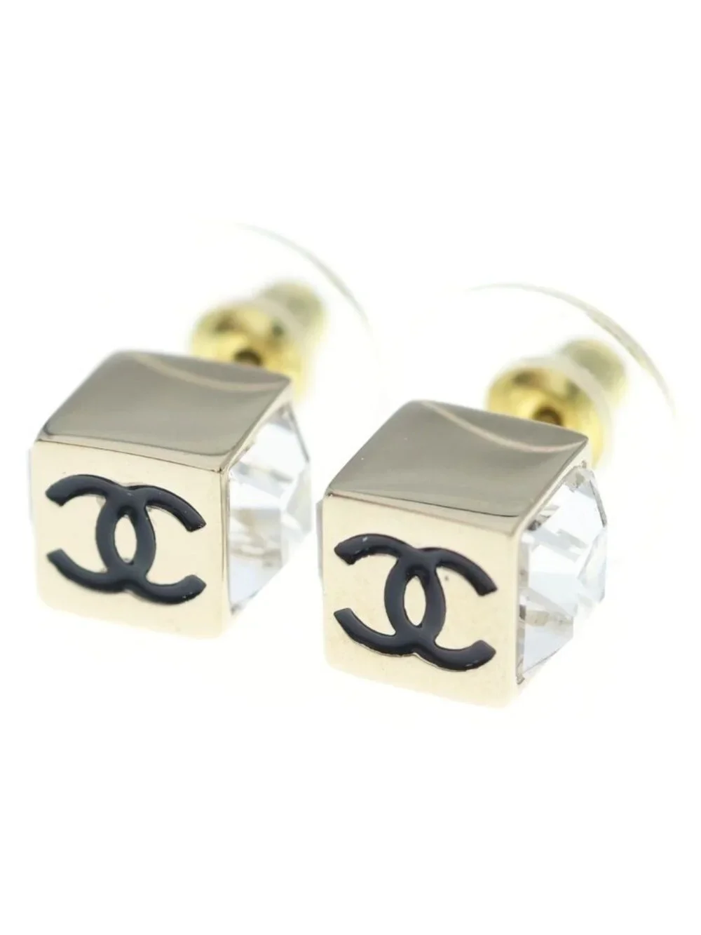 Chanel CC Logo Square Rhinestone Gold Earrings